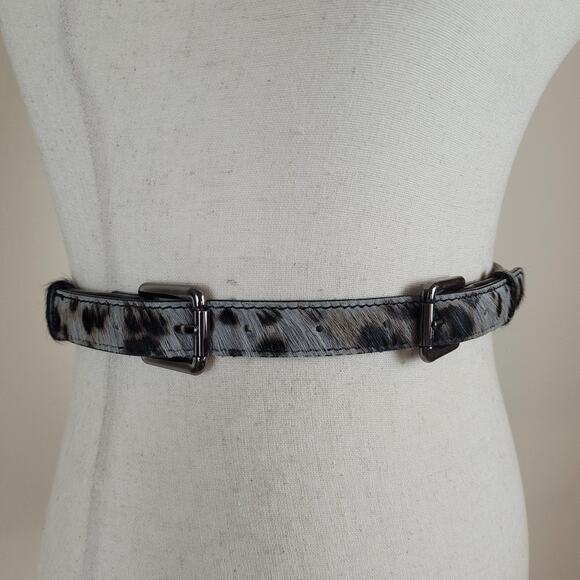 Gray Leather Belt Small Animal Print Haircalf Boho Chic Statement Buckles Luxe